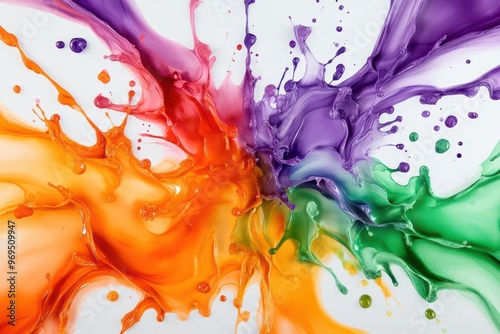 A bold abstract watercolor splash with vibrant, contrasting colors like orange, purple, and green, blending together in a freeform, organic composition photo