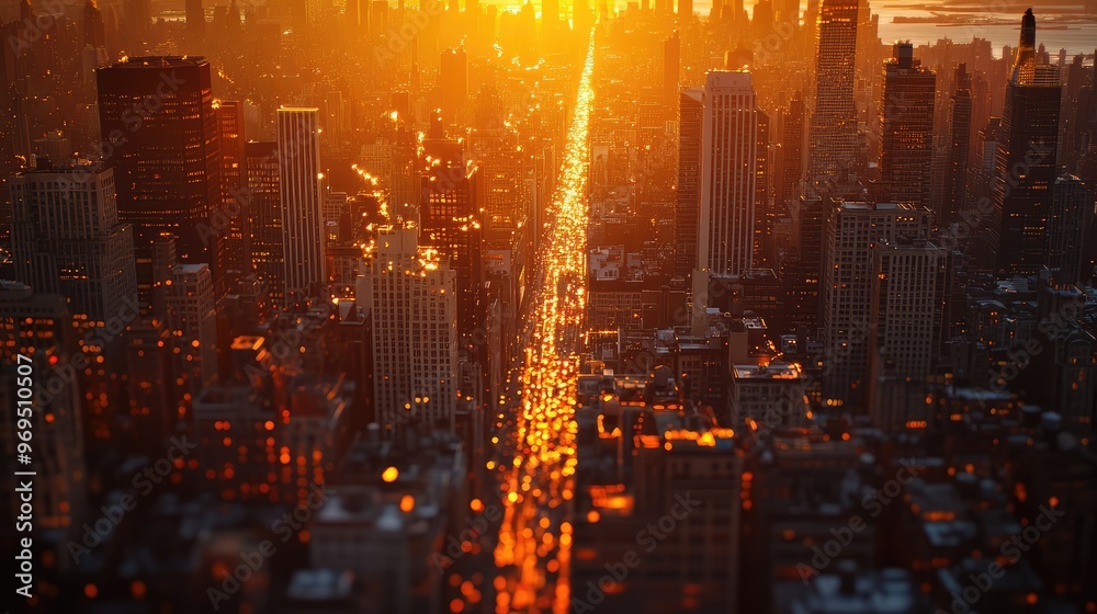 Obraz premium Sunset over a cityscape, with warm golden light reflecting off skyscrapers and the streets below.