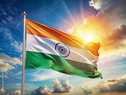 Vibrant India flag waving in the wind, with intricate saffron, white, and green hues, symbolizing national pride, photo