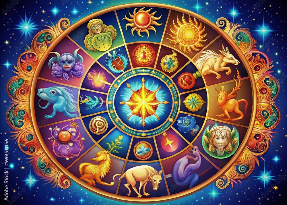 Obraz premium Vibrant, intricately designed illustration of the twelve zodiac symbols, including Aries, Taurus, Gemini, Cancer, Leo,