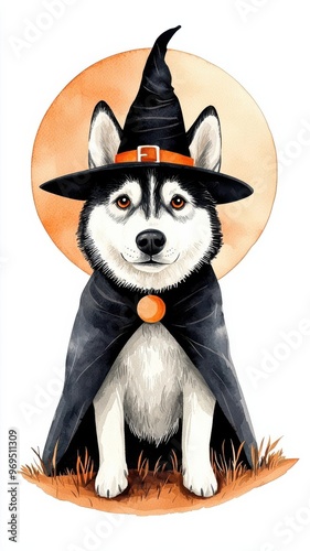 Husky in a witch costume standing on a spooky hill under the full moon, witch dog, majestic Halloween canine, watercolor illustration, cute animal, isolated on white background