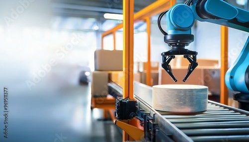 A modern robotic arm handling packages on a conveyor belt in a warehouse, showcasing automation in logistics and production.