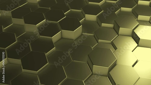 Geometric hexagon pattern with a 3D abstract design, featuring a seamless honeycomb texture and a futuristic, technology-inspired background,gold