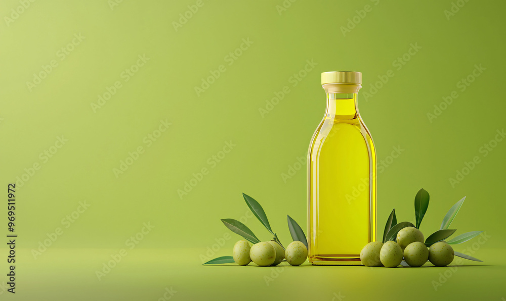 Fresh organic olive oil bottle with vibrant green olives and leaves, set against bright green background, evokes sense of health and natural goodness Fresh organic olive oil bottle with vibrant green olives and leaves, set against bright green background, evokes sense of health and natural goodness