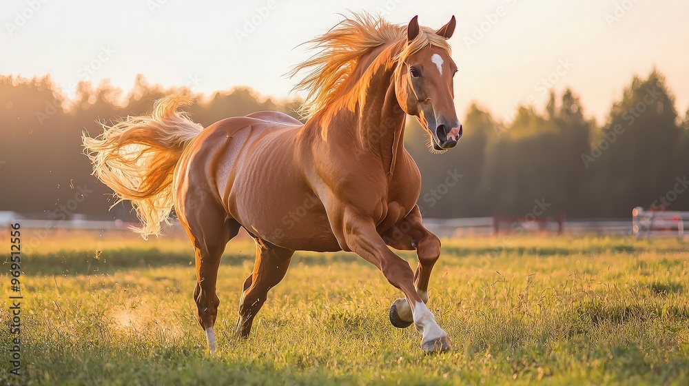 Obraz premium Horse Running in a Field at Sunset