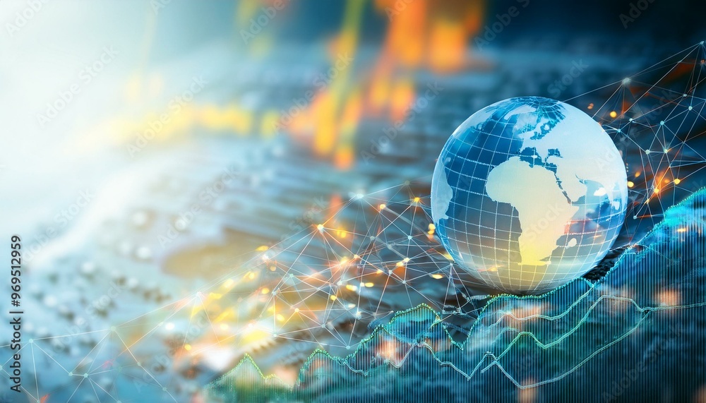 A digital globe surrounded by financial data, symbolizing global connectivity and economic trends in a modern world.