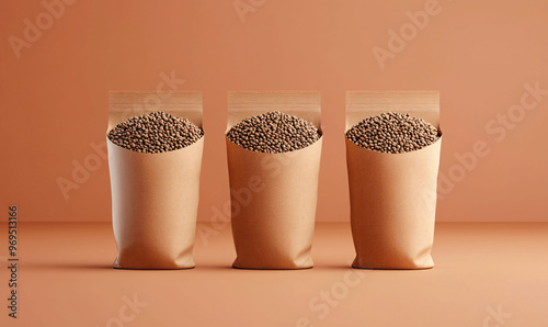 Organic seeds packed in eco friendly pouches are displayed against warm, earthy background. These sustainable packages highlight importance of environmentally conscious choices in gardening and agricu photo