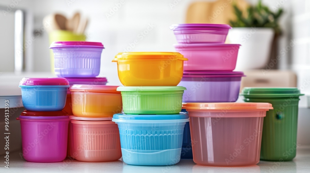 A group of colorful plastic containers stacked neatly on a kitchen shelf, showcasing their utility in organizing and storing food. A group of colorful plastic containers stacked neatly on a kitchen shelf, showcasing their utility in organizing and storing food.