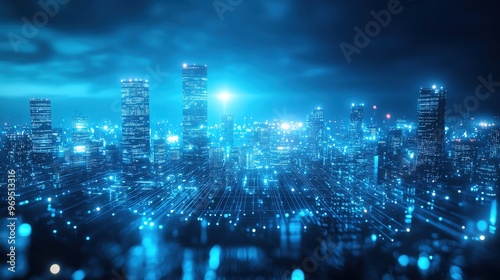 A stunning futuristic city skyline illuminated with blue lights, showcasing modern architecture and a vibrant urban atmosphere.