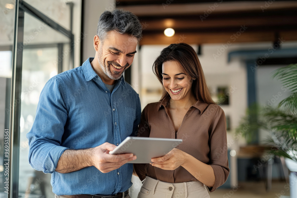 A man and woman are looking at a tablet and smiling together in the office. A man and woman are looking at a tablet and smiling together in the office.