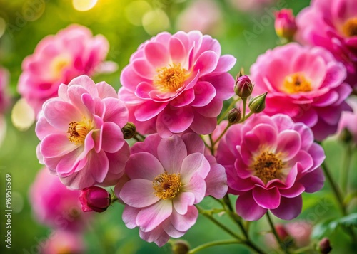 Vibrant pink flor rosa flowers with delicate petals and golden centers bloom against a soft, blurred green background