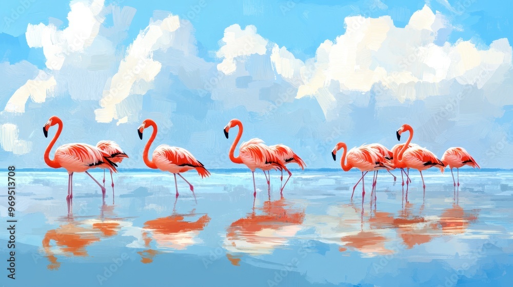Obraz premium A group of flamingos wading in a shallow lagoon, with the water reflecting their pink feathers against a backdrop of blue sky.