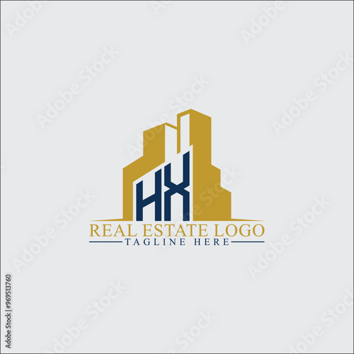 Modern HX Real Estate Logo Design with Building Silhouettes