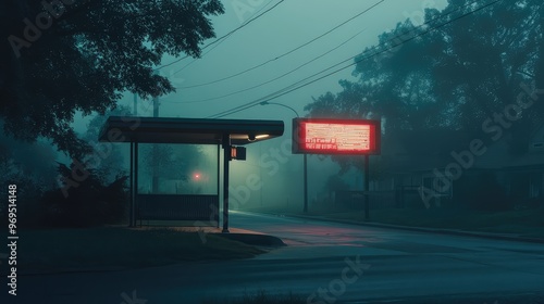 Liminal space photograph of a bus stop in a sleepy suburb at early dawn, with a neon billboard casting eerie light, dark street receding into the shadows