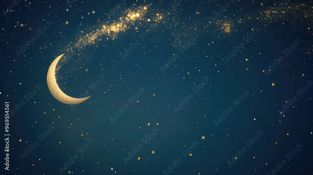 Fototapeta premium Blue background with scattered golden sparkles and a small moon with a gold cloud in the left corner. Ideal for an elegant and minimalist Mid-Autumn Festival poster