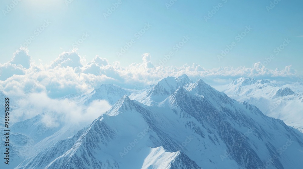 Naklejka premium A high-altitude view of a mountain range with snow-covered peaks and a clear, bright sky, with distant clouds on the horizon.