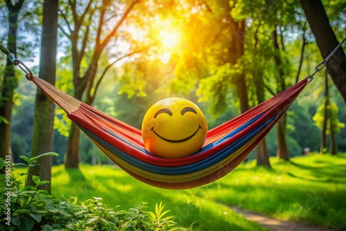 Vibrant smiling emoticon suspended above a colorful hammock amidst lush greenery, evoking a sense of relaxation, photo