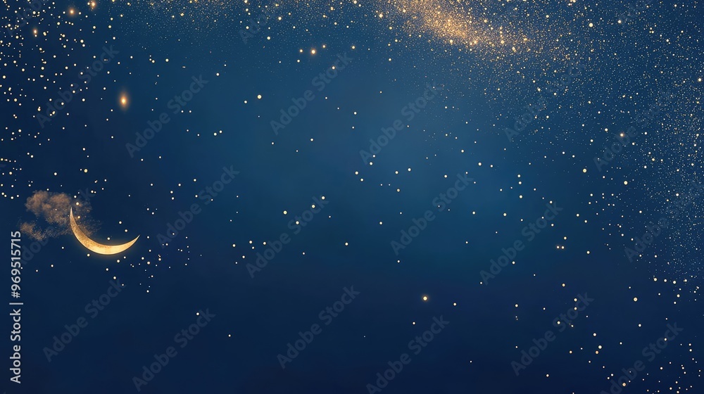 Refined blue backdrop with golden sparkles scattered throughout, a small moon, and a gold cloud in the left corner. Ideal for a clean Mid-Autumn Festival poster Refined blue backdrop with golden sparkles scattered throughout, a small moon, and a gold cloud in the left corner. Ideal for a clean Mid-Autumn Festival poster