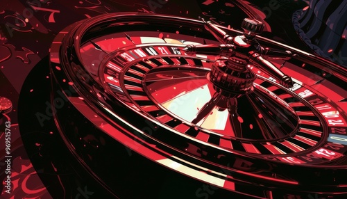 A close-up of a spinning roulette wheel in a casino. The ball is in motion, the numbers are blurred. photo