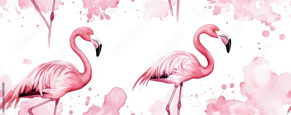 Naklejka premium Vibrant watercolor illustration of pink flamingos set against a soft, abstract background, perfect for tropical themes.