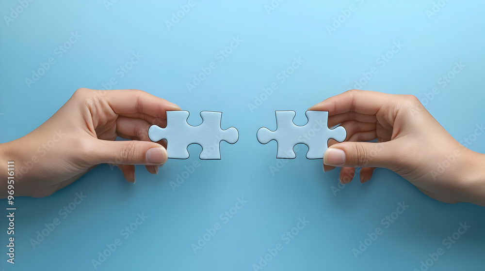 Two hands holding puzzle pieces against a blue background, symbolizing connection and teamwork. Two hands holding puzzle pieces against a blue background, symbolizing connection and teamwork.
