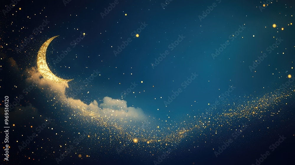 Simple blue background with golden sparkles, featuring a small moon and a gold cloud in the left corner. Clean design for a Mid-Autumn Festival poster Simple blue background with golden sparkles, featuring a small moon and a gold cloud in the left corner. Clean design for a Mid-Autumn Festival poster