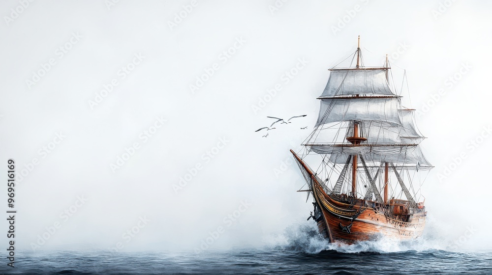 Obraz premium A majestic ship sails through misty waters, capturing the essence of adventure and tranquility at sea.