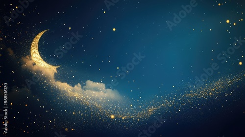 Simple blue background with golden sparkles, featuring a small moon and a gold cloud in the left corner. Clean design for a Mid-Autumn Festival poster