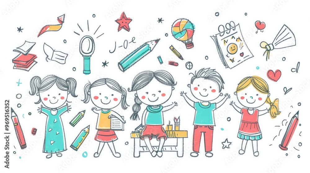 cheerful group of children celebrating creativity with colorful school supplies and drawings, representing joy and teamwork cheerful group of children celebrating creativity with colorful school supplies and drawings, representing joy and teamwork