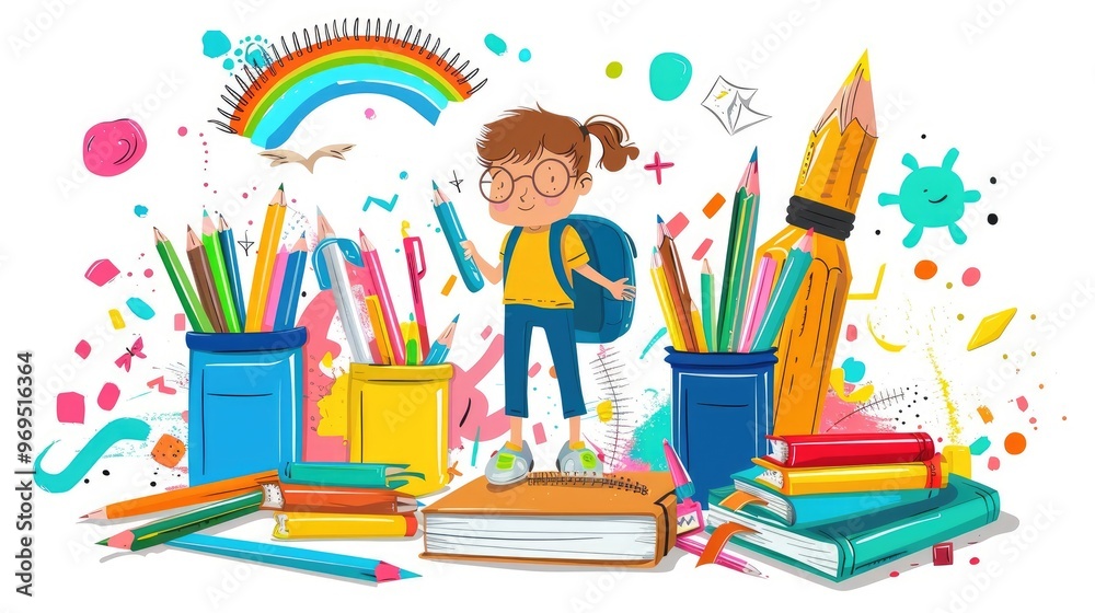 cheerful child surrounded by colorful school supplies, books, and art materials, symbolizing creativity and learning cheerful child surrounded by colorful school supplies, books, and art materials, symbolizing creativity and learning