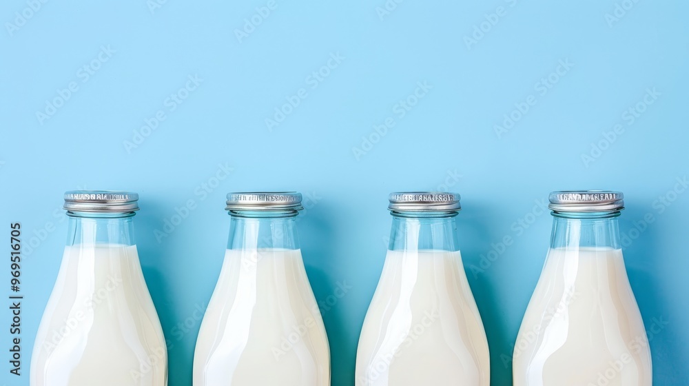 Five white milk bottles elegantly arranged on a minimalist background for food and beverage displays Five white milk bottles elegantly arranged on a minimalist background for food and beverage displays