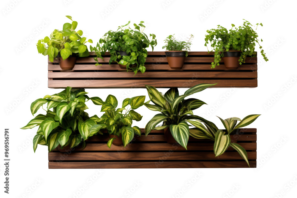 A wall-mounted wooden slat planter with a space-saving design, perfect for small apartments or studios, isolated on a white background. A wall-mounted wooden slat planter with a space-saving design, perfect for small apartments or studios, isolated on a white background.