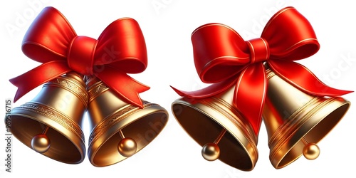 Golden bells with red bow for crhristmas decoration ton transparent background Jingle Bells photo