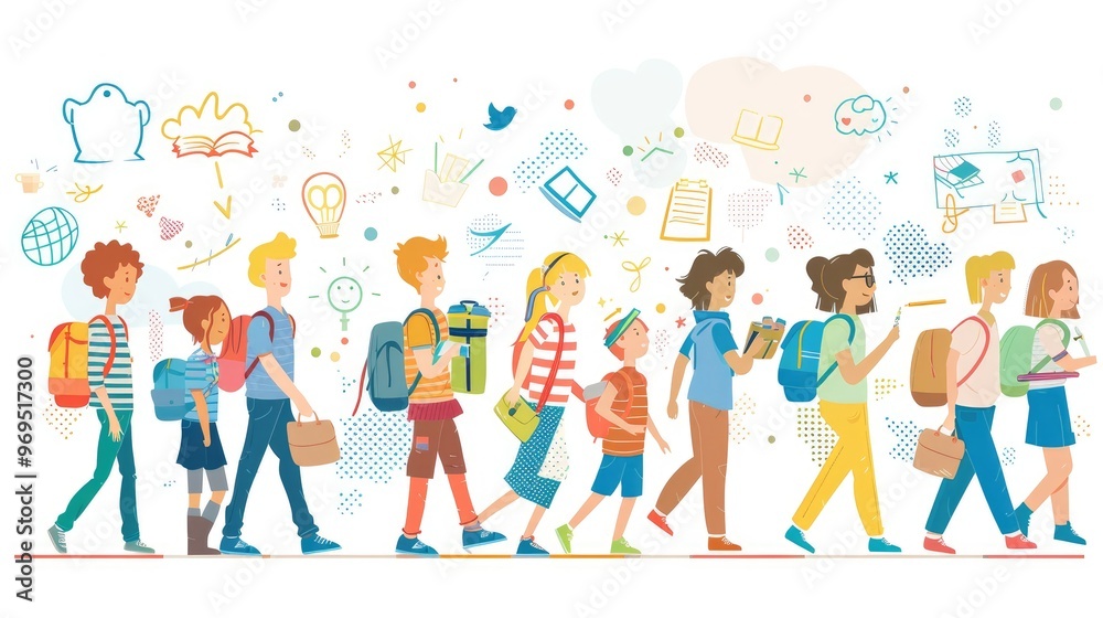 colorful illustration of students walking with backpacks, surrounded by various icons representing education and learning. colorful illustration of students walking with backpacks, surrounded by various icons representing education and learning.