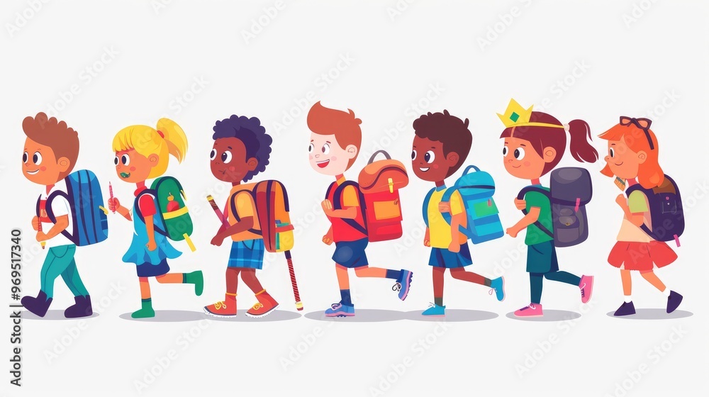 diverse group of children walking with colorful backpacks, showcasing friendship and teamwork in a fun, animated style. diverse group of children walking with colorful backpacks, showcasing friendship and teamwork in a fun, animated style.