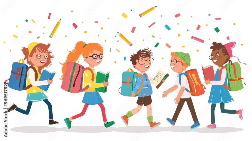 Fototapeta premium joyful group of schoolchildren walking together, celebrating with colorful confetti and carrying backpacks, embodying youthful spirit.