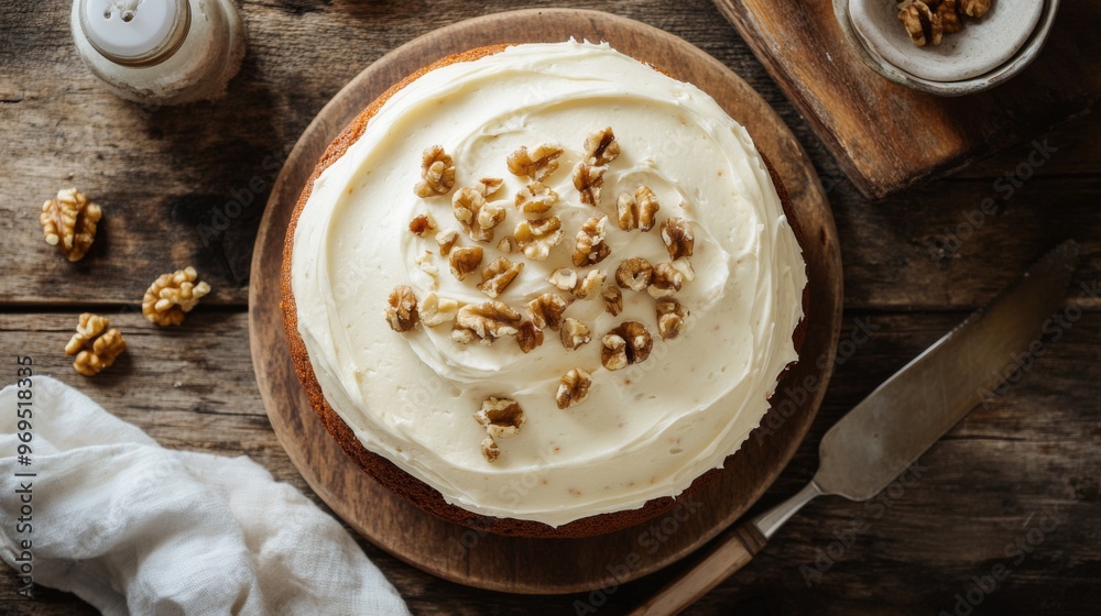 Detailed shot from above of a classic carrot cake with cream cheese frosting and a sprinkle of walnuts, capturing its rustic charm and homemade appeal. Detailed shot from above of a classic carrot cake with cream cheese frosting and a sprinkle of walnuts, capturing its rustic charm and homemade appeal.