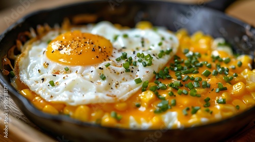 Obraz na płótnie Melted cheddar crisp corn and fluffy fried eggs come perfectly w salonie