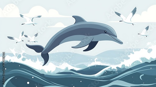 Minimalistic Illustration of a Gray Dolphin Leaping Amid White Seagulls in Flat Design Style with Clean Color Blocks and High Detail