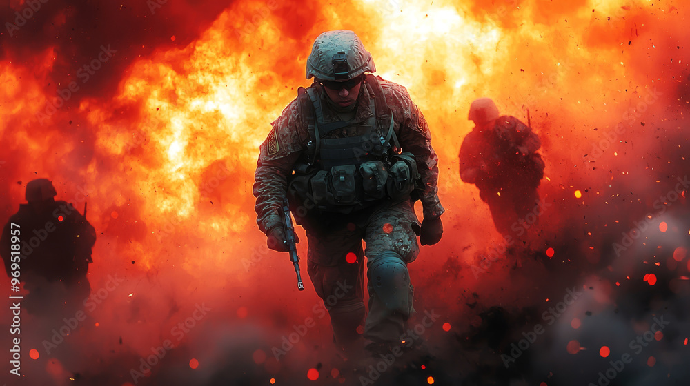 A soldier in camouflage runs through a fiery explosion. A soldier in camouflage runs through a fiery explosion.