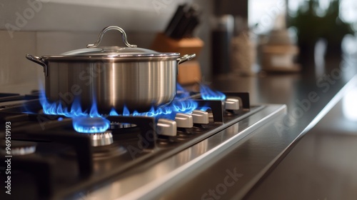 A modern stainless steel gas stove with blue flames burning under a pot, highlighting a sleek and contemporary kitchen design. photo