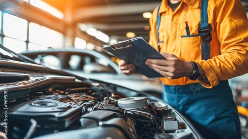 Auto check, car service shop concept. Automobile repairman writing job checklist on clipboard, mechanic checking engine to estimate repair machine, inspecting maintenance by engineer at vehicle garage