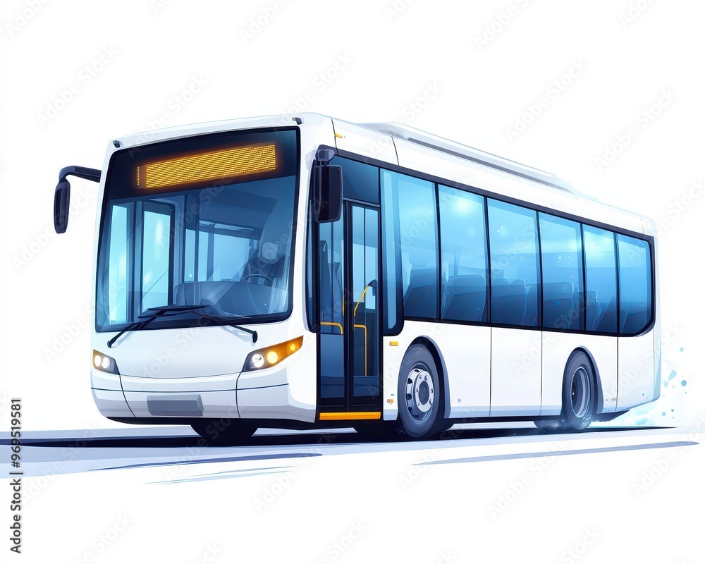 A sleek, white city bus in motion, showcasing modern design and urban transportation efficiency. A sleek, white city bus in motion, showcasing modern design and urban transportation efficiency.