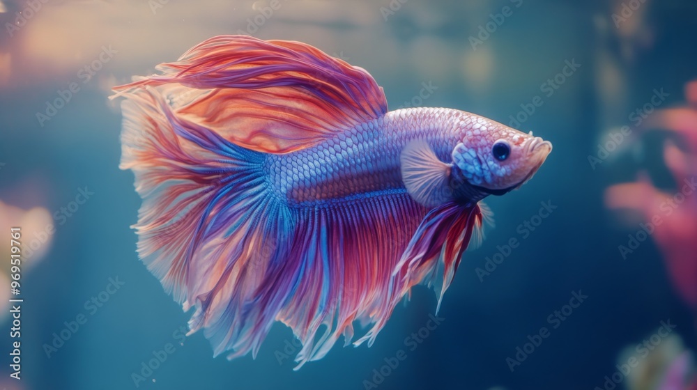 Detailed shot of a Betta fish with elaborate fins and vivid hues, showcasing its intricate patterns and elegant movement in a crystal-clear tank Detailed shot of a Betta fish with elaborate fins and vivid hues, showcasing its intricate patterns and elegant movement in a crystal-clear tank