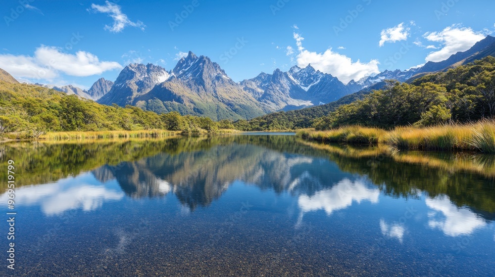 A mountain lake reflecting the surrounding towering peaks, with crystal-clear water and blue skies above. A mountain lake reflecting the surrounding towering peaks, with crystal-clear water and blue skies above.