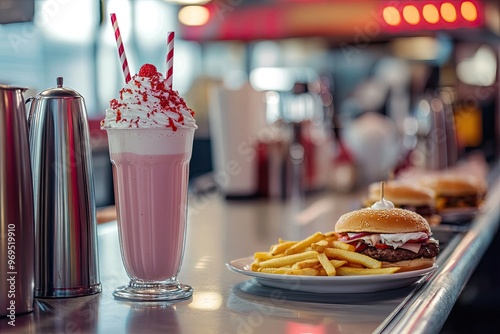 Classic American diner setting with milkshakes, burgers, and fries on the counter  photo