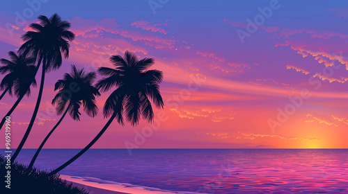 Tropical Sunset Serenity:  Silhouetted palm trees grace a vibrant, painterly sunset over a tranquil ocean, evoking a sense of peace and tropical paradise. 