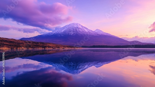 A mountain reflected perfectly in a still lake at dusk, with the sky painted in shades of purple and pink.