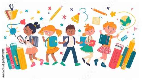 Cheerful children go to school with backpacks, books, and school supplies, showcasing joy and enthusiasm for learning.