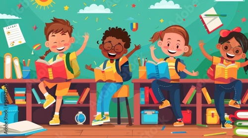 Cheerful children reading books in a classroom setting, showcasing joy and engagement in learning with bright colors and lively expressions.